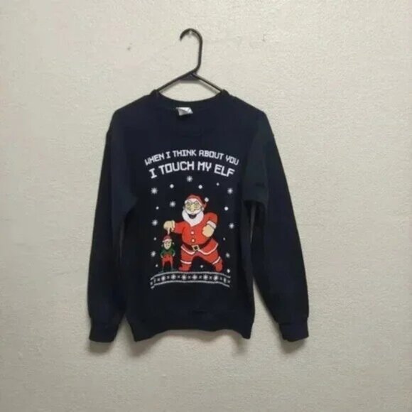 Ugly Christmas Sweatshirt Black Size Small Gildan Heavy Blend Santa Elf Funny - Picture 1 of 7